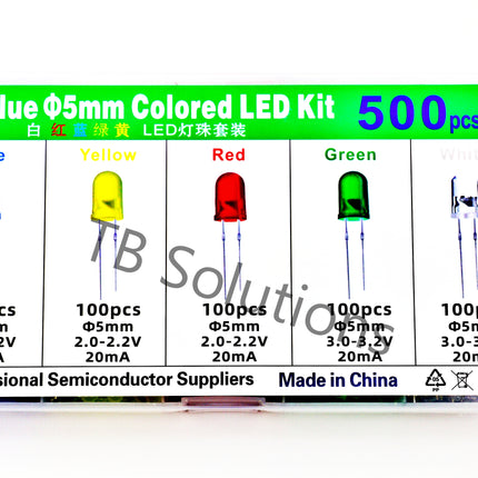 LED-Sortiment, 5 mm, 500 pcs., rot, blau, gelb, grün, weiß